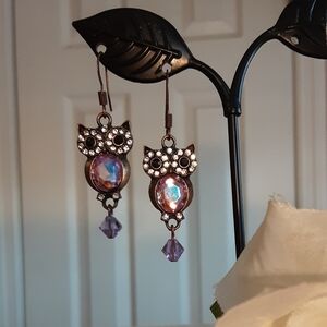 Handmade Owl Earrings Antiqued Copper Lavander Preciosa  Crystals